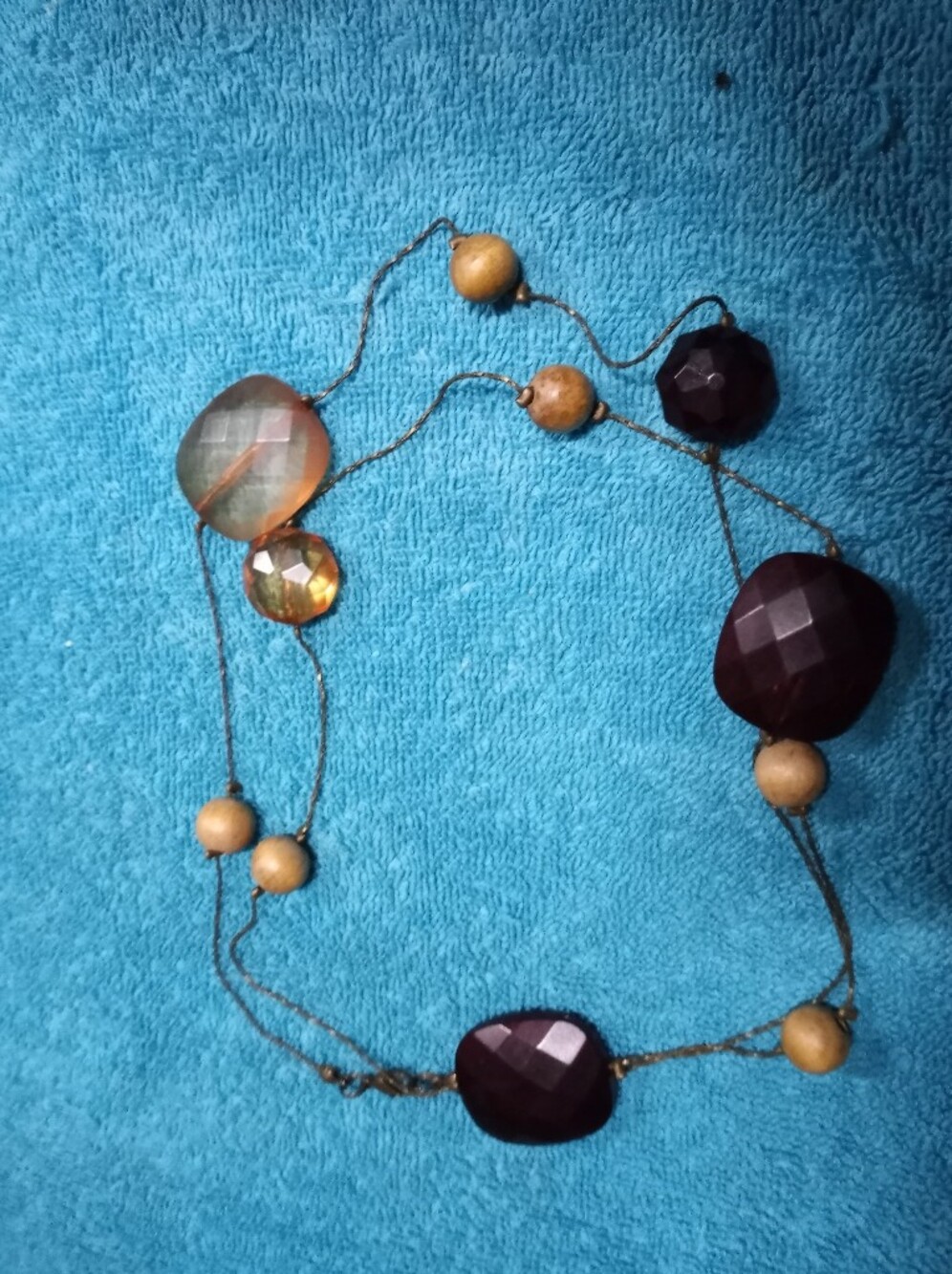 Tan Wood Beads And Plastic Brown Beads On Long Gold-tone Metal Chain Necklace